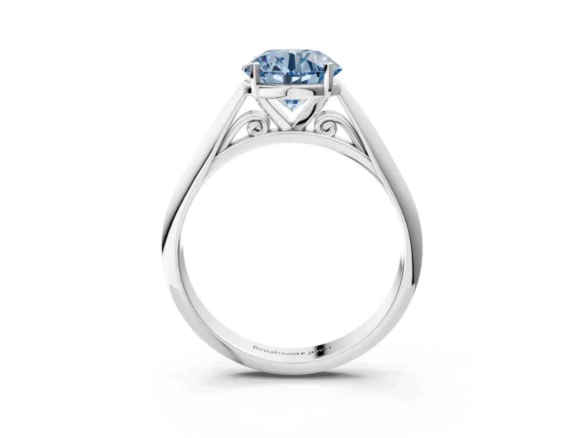 Fancy Blue Round Cut Diamond Solitaire Engagement Ring with Cathedral Setting and Four-Prong Mount White gold