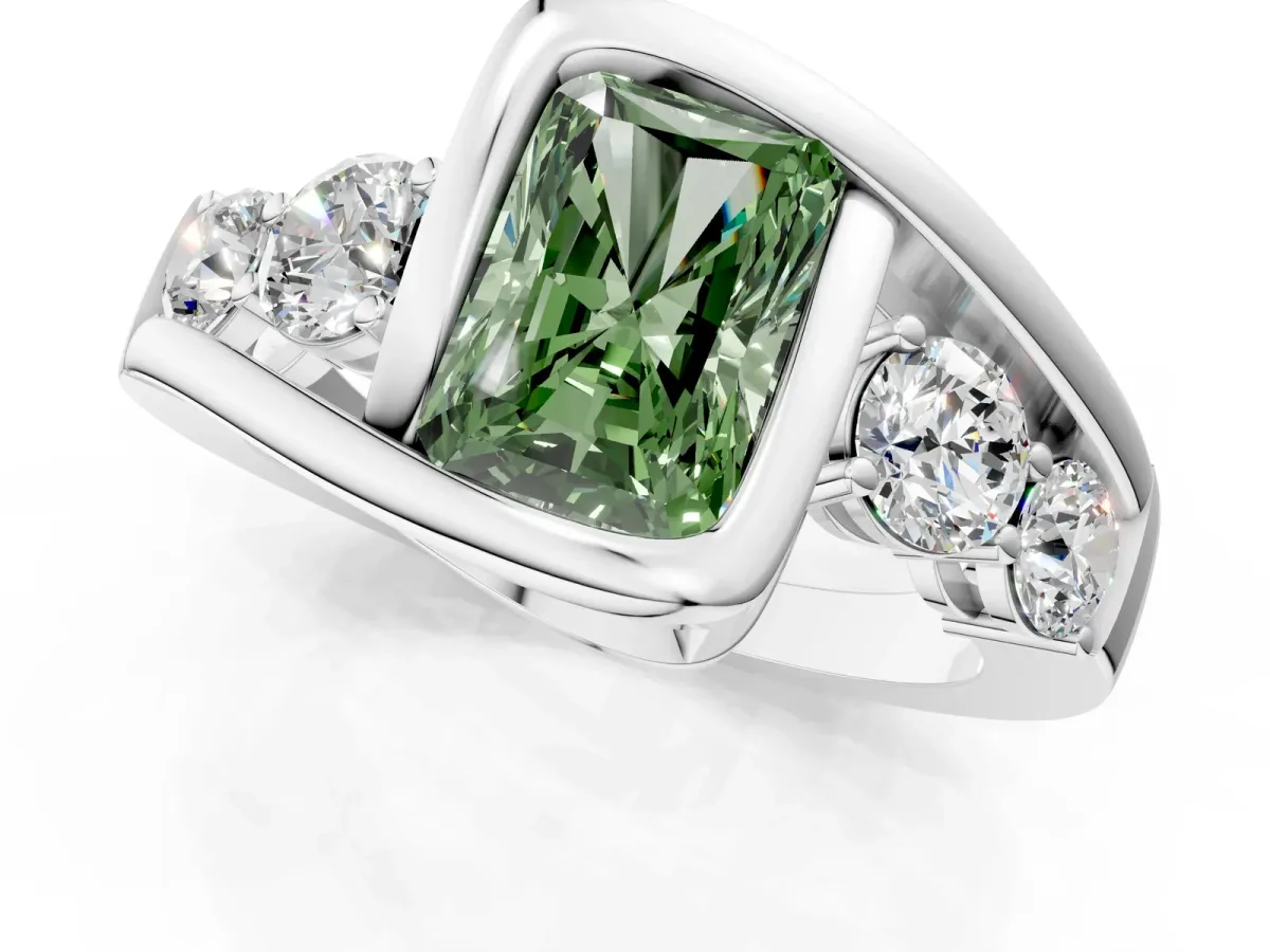 Fancy Green Bezel Set Radiant Cut Diamond Bypass Ring with Round Accents Silver