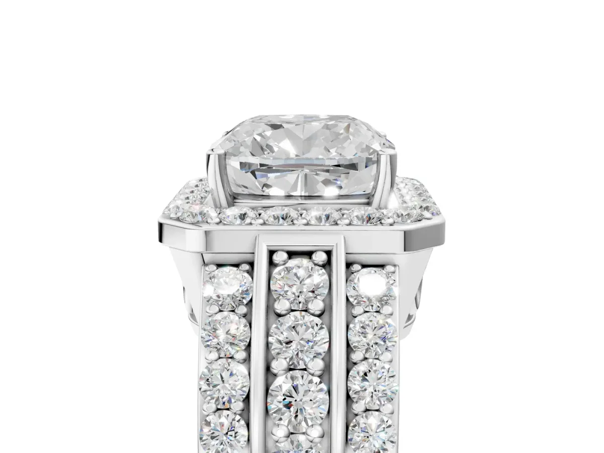 Cushion Cut Halo Diamond Ring with Round Moissanite Split Shank and Prong Setting Silver