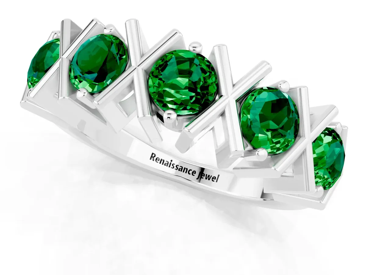 Round Emerald Channel Set Band with X-Prong Detail Silver