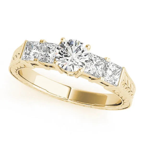 Emerald Cut Solitaire Princess Side Stone Engraved Band Prong Setting Ring Yellow gold