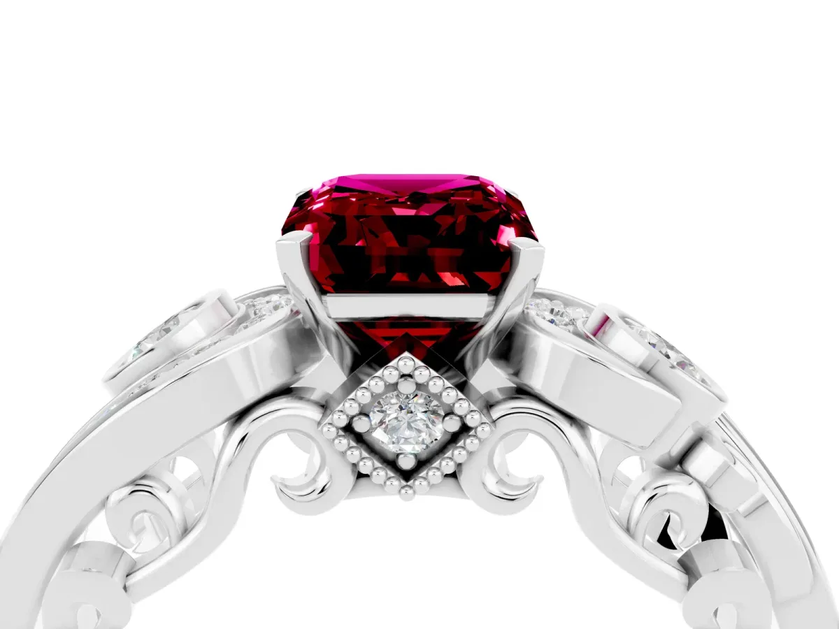 Emerald Cut Garnet Solitaire Ring with Milgrain Pavé Band and Four-Prong Setting Silver