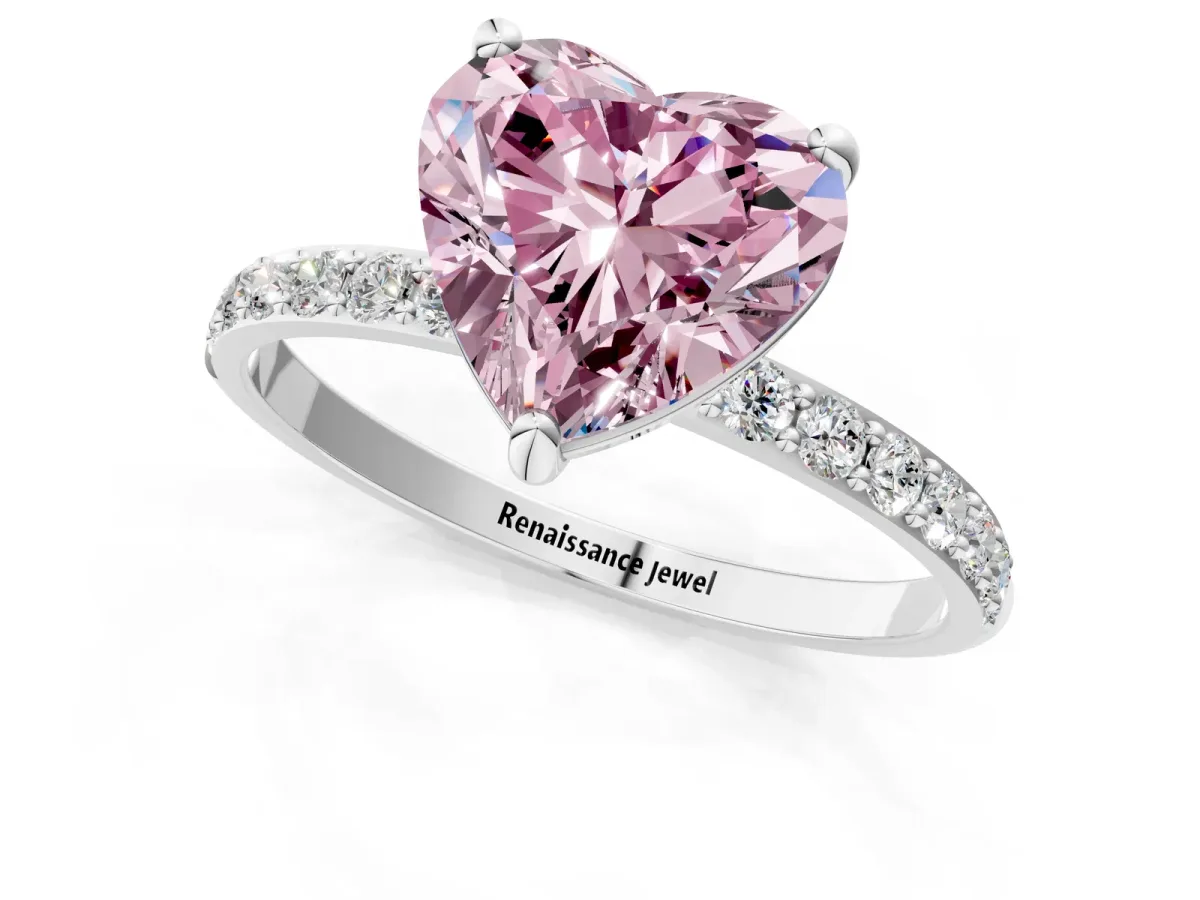 Fancy Pink Heart Cut Diamond Solitaire Ring with Round Pavé Band and Prong Setting Silver