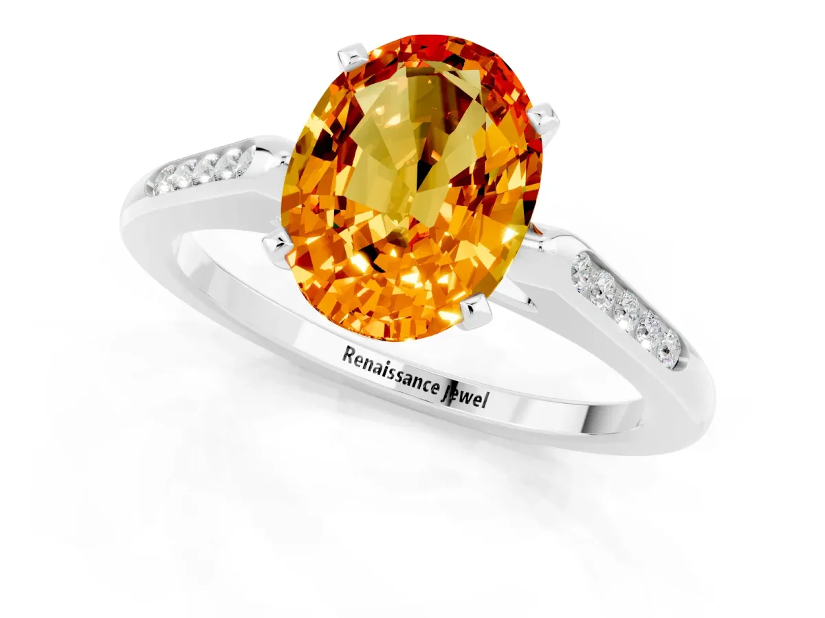 Oval Cut Citrine Solitaire Ring with Channel Set Round Band and Prong Setting Silver