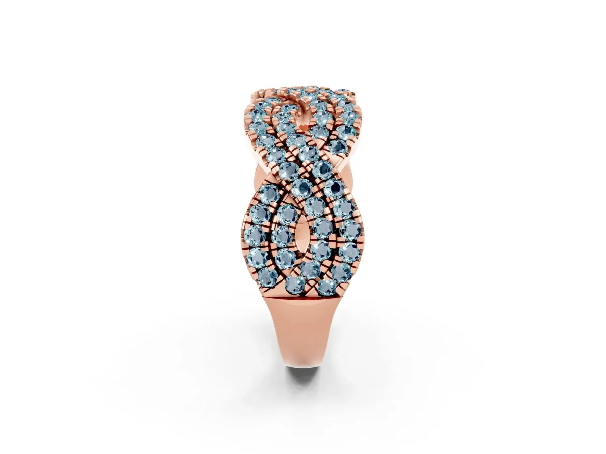 Pavé Round Aquamarine Infinity Twist Band with Shared Prong Setting Rose gold