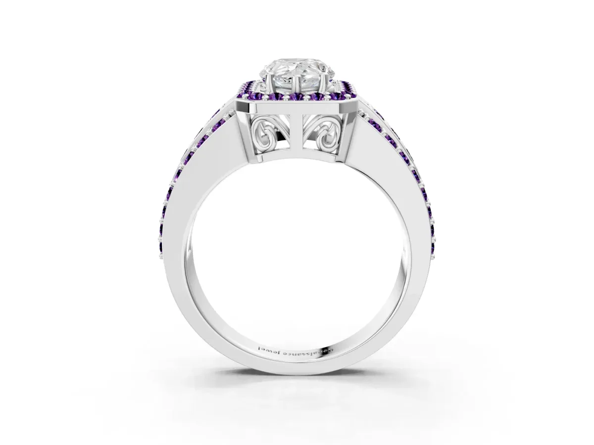 Pear Cut Halo Diamond Ring with Round Amethyst Split Shank and Prong Setting White gold