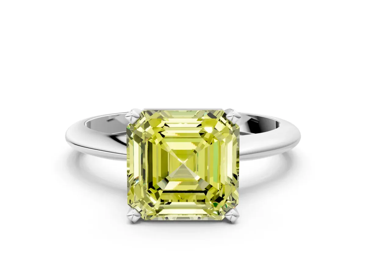 Fancy Yellow Asscher Cut Cut Solitaire Ring with Four-Prong Setting on a Classic Band Platinum