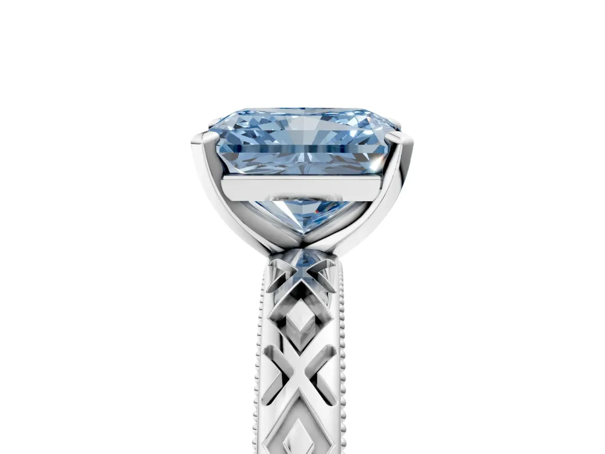 Fancy Blue Radiant Cut Solitaire Diamond Ring with Milgrain and Black Enamel X Pattern Band Platinum