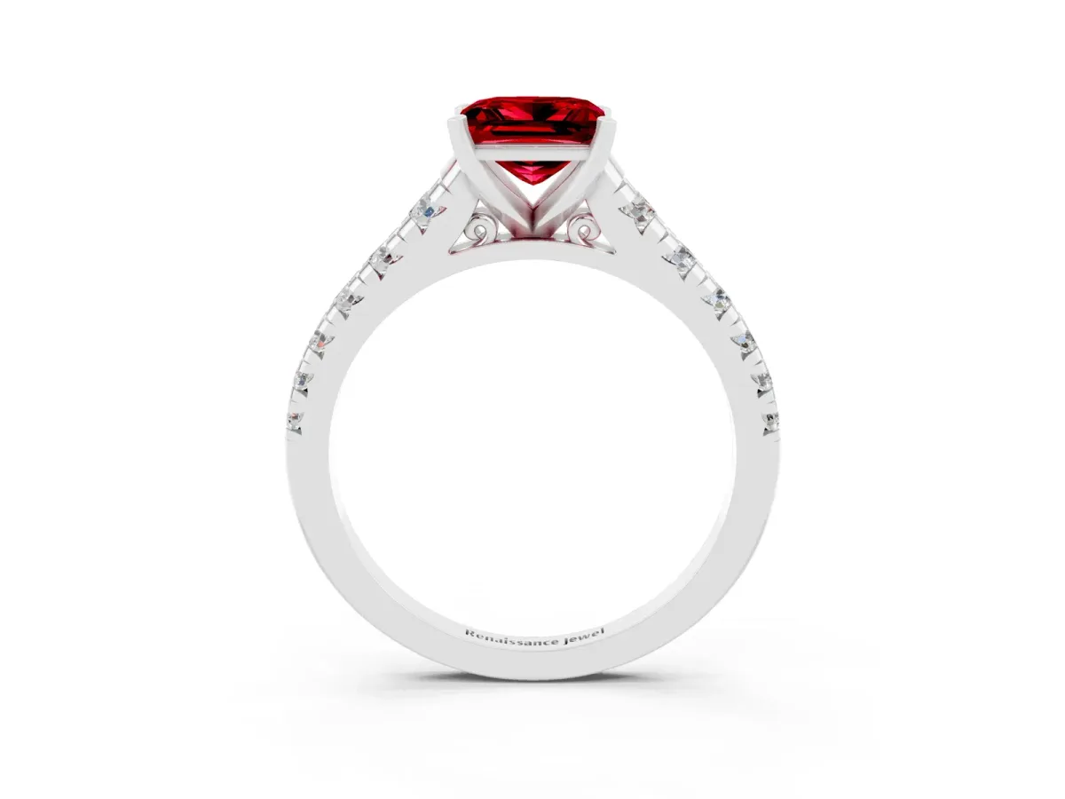 Princess Cut Ruby Cathedral Solitaire Ring with Round Pavé Band Platinum