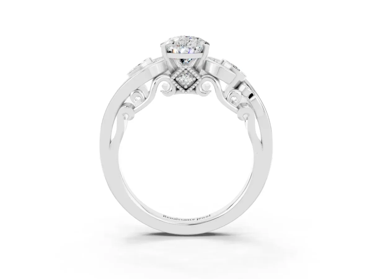 Pear Cut Moissanite Solitaire Ring with Milgrain Pavé Band and Four-Prong Setting Silver
