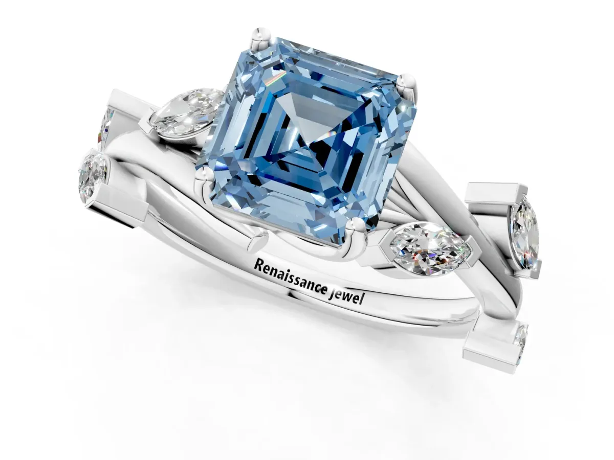 Fancy Blue Asscher Cut Solitaire Twisted Band Marquise Accent Prong Setting Ring Platinum
