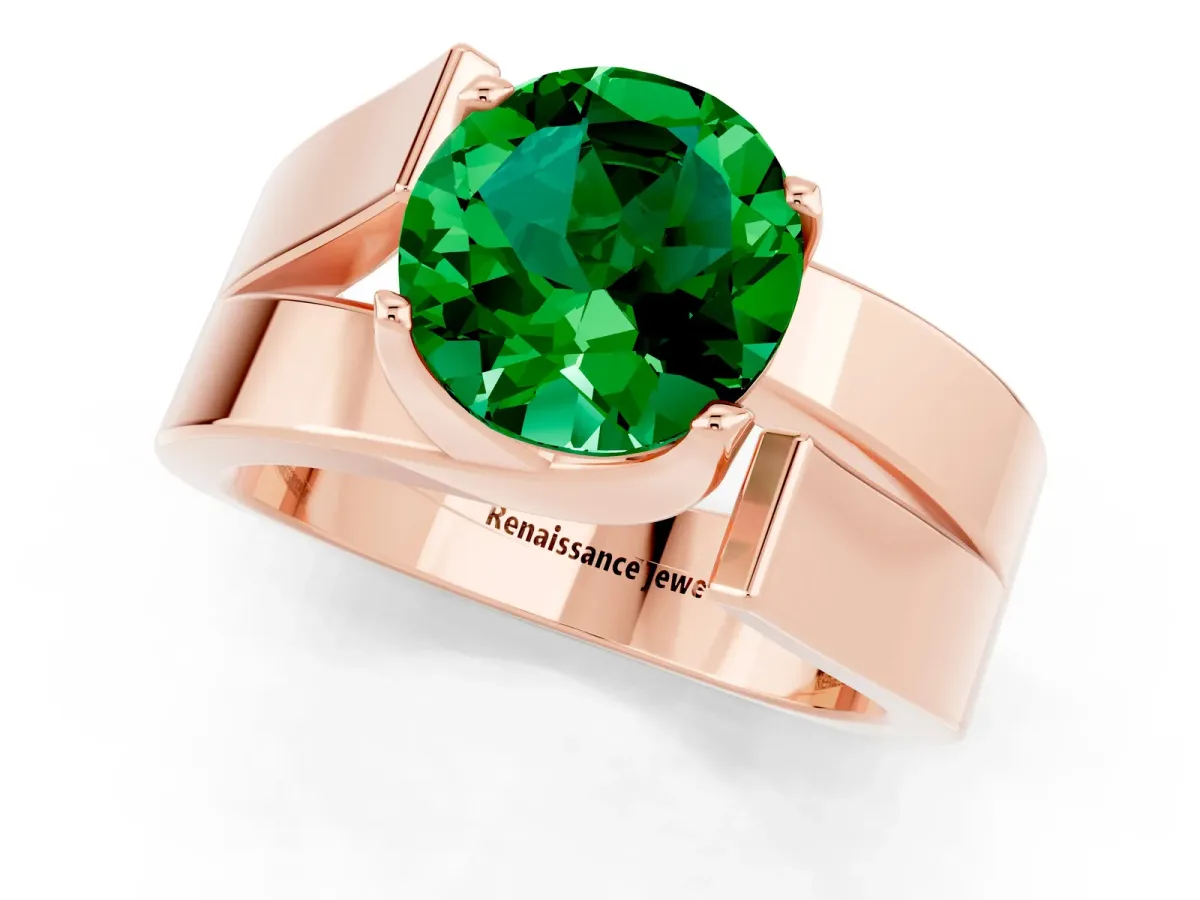 Modern Tension Set Round Cut Emerald Solitaire Wide Band Ring Rose gold