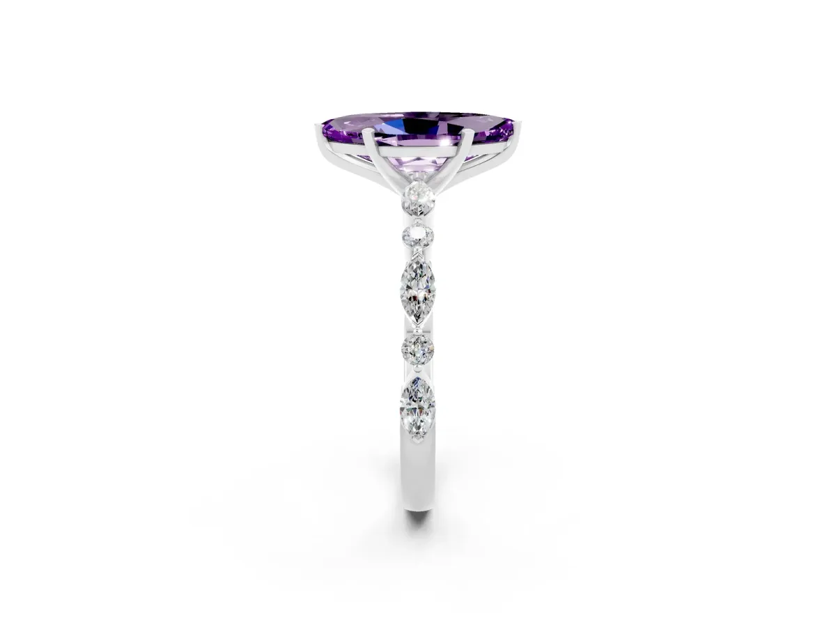 Marquise Cut Amethyst Ring with Marquise and Round Side Stones and Four-Prong Setting Silver