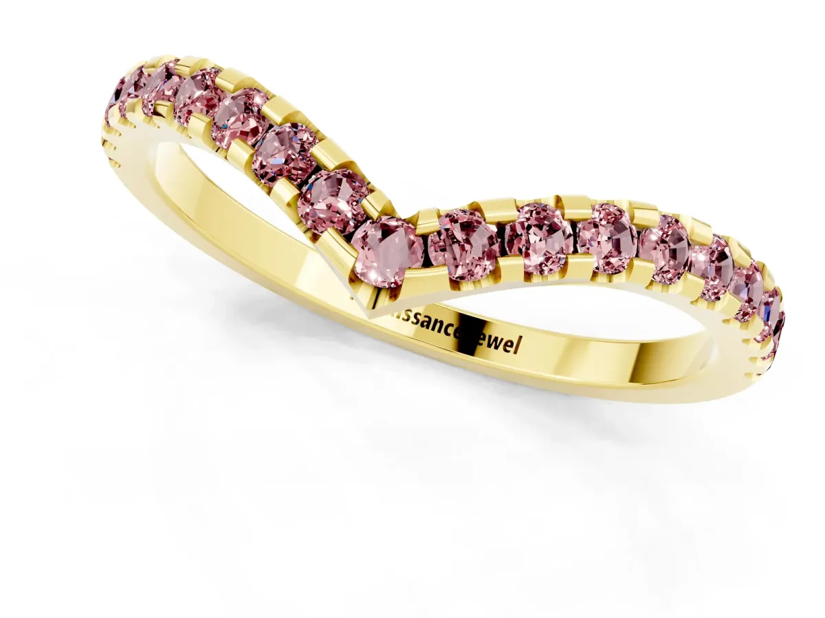 Pavé Round Morganite Chevron Band with Shared Prong Setting Yellow gold