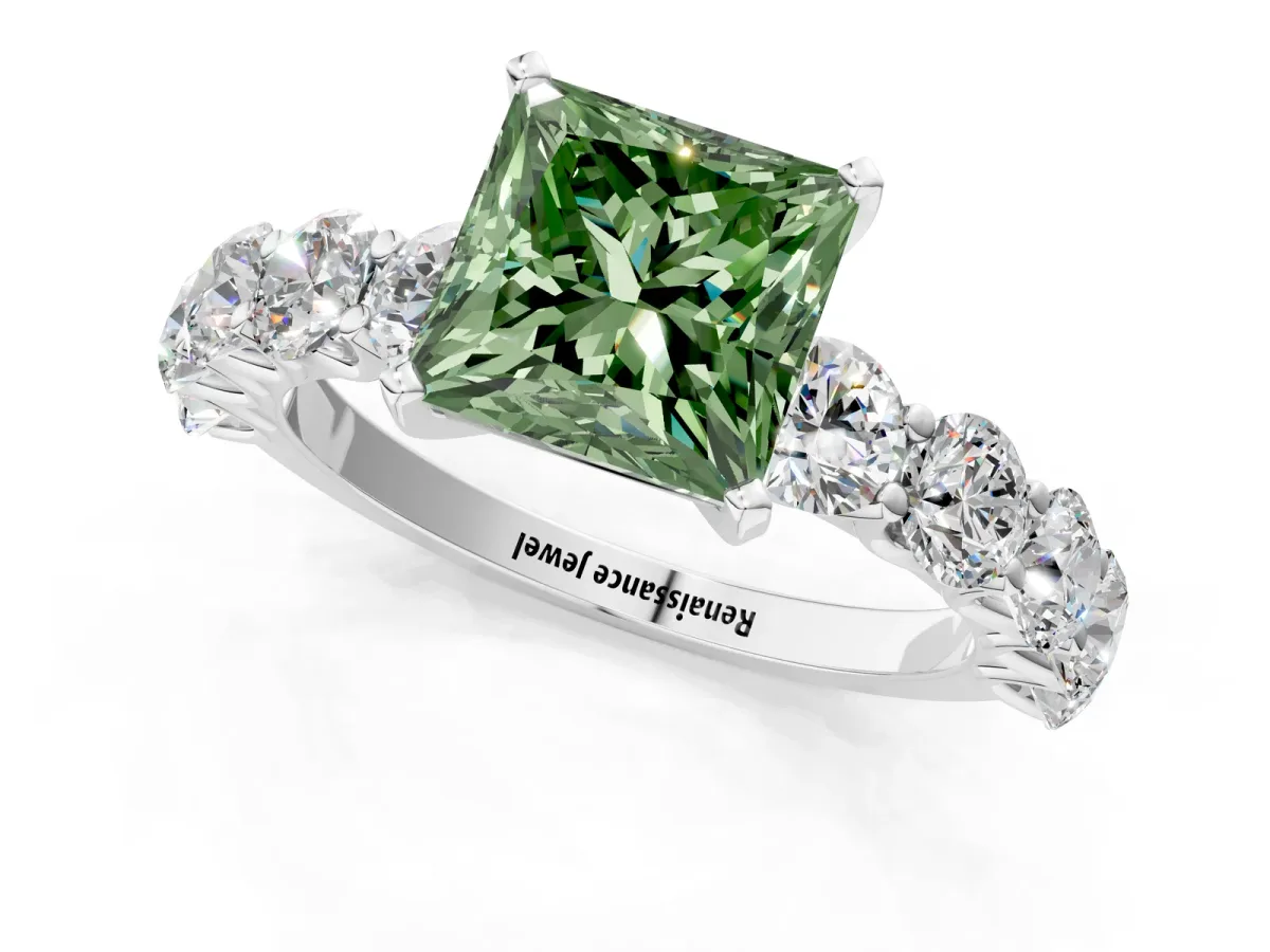 Fancy Green Princess Cut Diamond Prong Setting with Side Stones on a Pave Band Silver