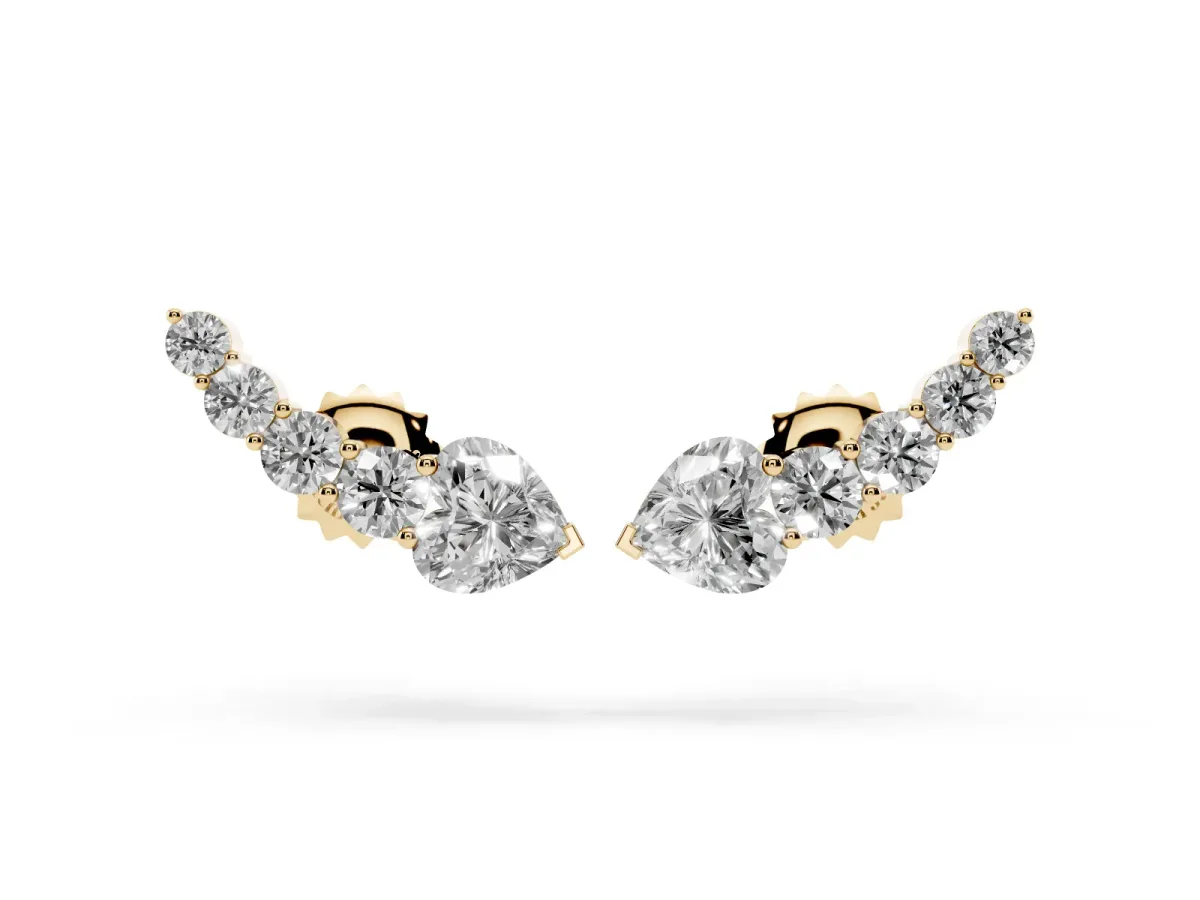 Round and Heart Diamond Petite Ear Climber Earrings Yellow gold