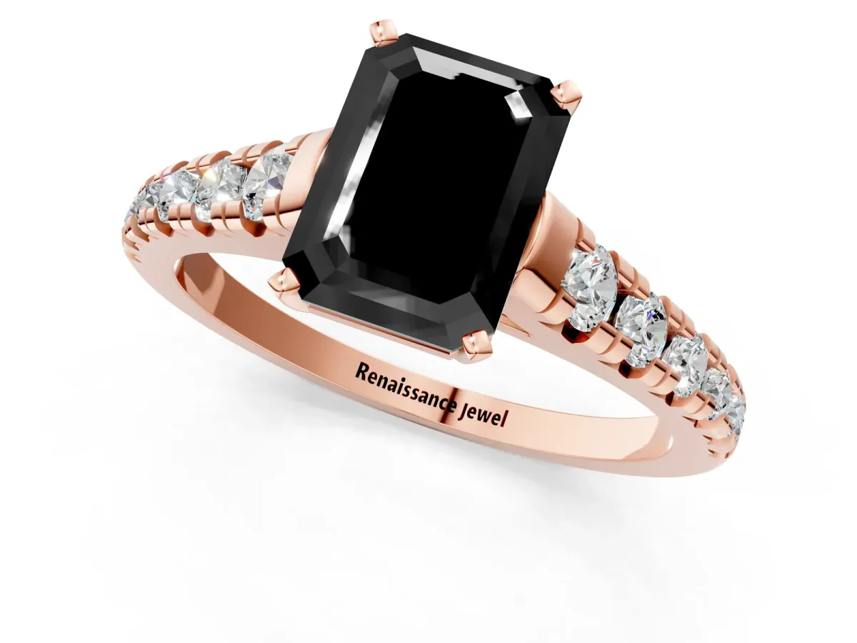 Fancy Black Emerald Cut Diamond Cathedral Solitaire Ring with Round Pavé Band Rose gold