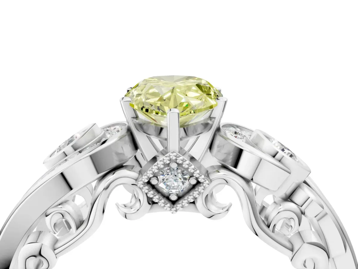 Fancy Yellow Pear Cut Diamond Solitaire Ring with Milgrain Pavé Band and Four-Prong Setting Silver