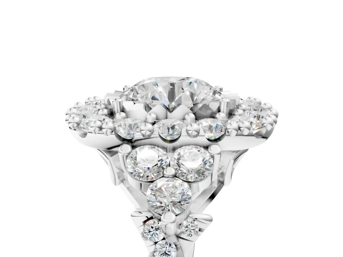 Round Cut Diamond Halo Ring with Pavé Band and Four-Prong Setting Silver