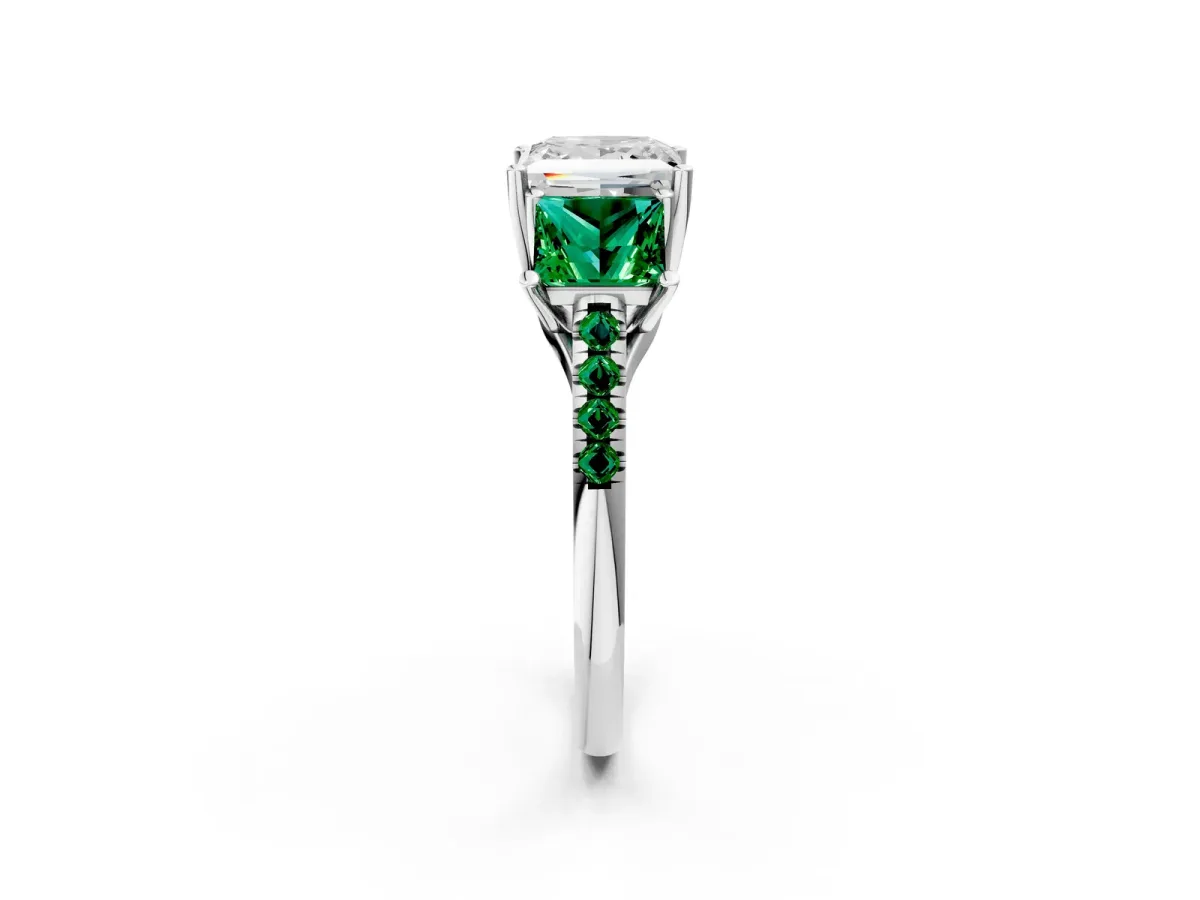 Three-Stone Princess Cut Diamond Ring with Round Emerald Pavé Band and Prong Setting Silver