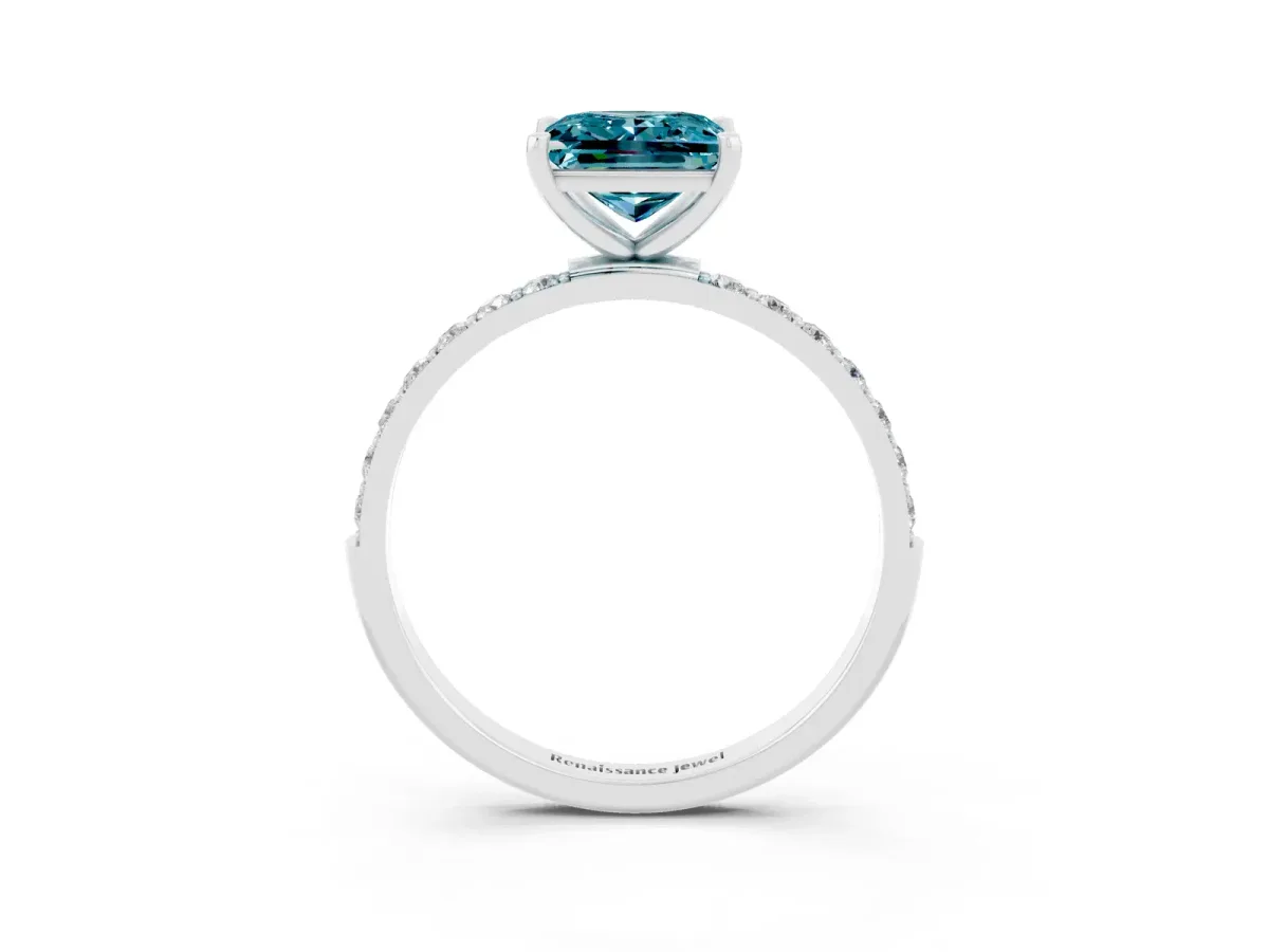 Princess Cut Blue Topaz Solitaire Ring with Round Pavé Band and Prong Setting Silver