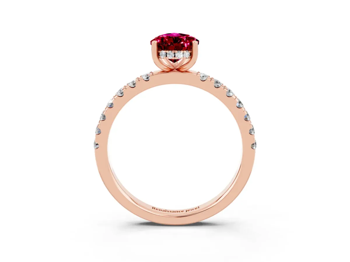 Pear Cut Garnet Pave Band Solitaire Ring with Round and Prong Setting Rose gold