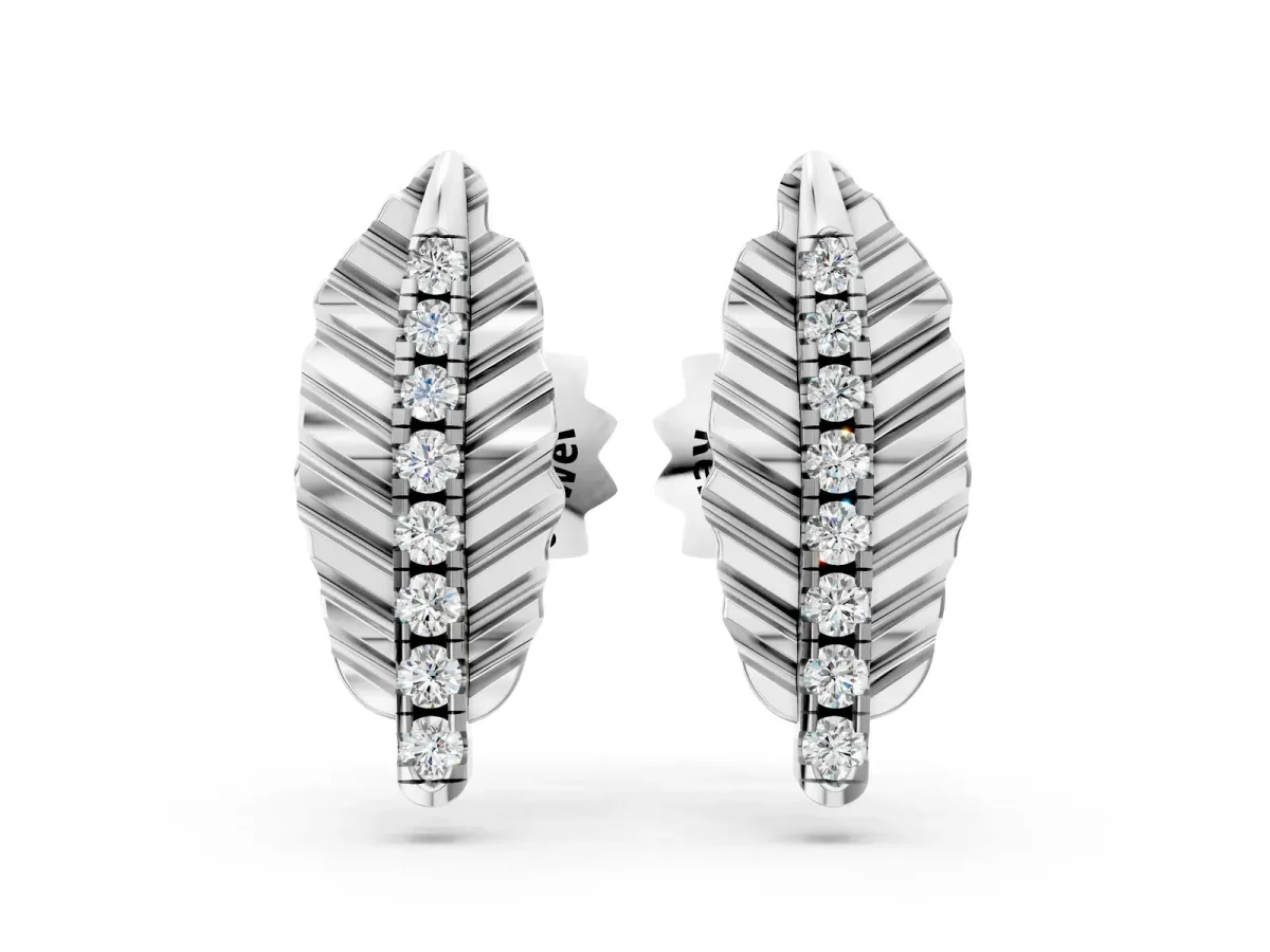 Round Diamond Leaf Stud Earrings Silver
