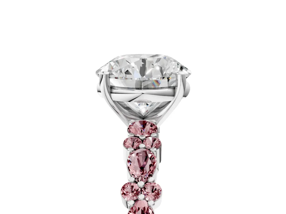 Round Cut Diamond Side Stone Solitaire Ring with Round Morganite and Four-Prong Setting Platinum