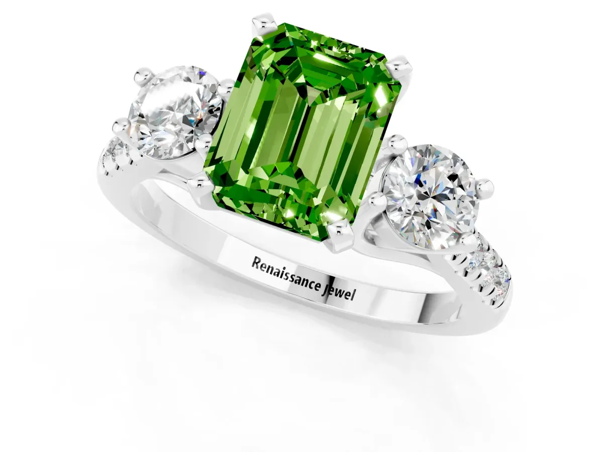 Three-Stone Emerald Cut Peridot Pavé Band with Four-Prong Setting Silver