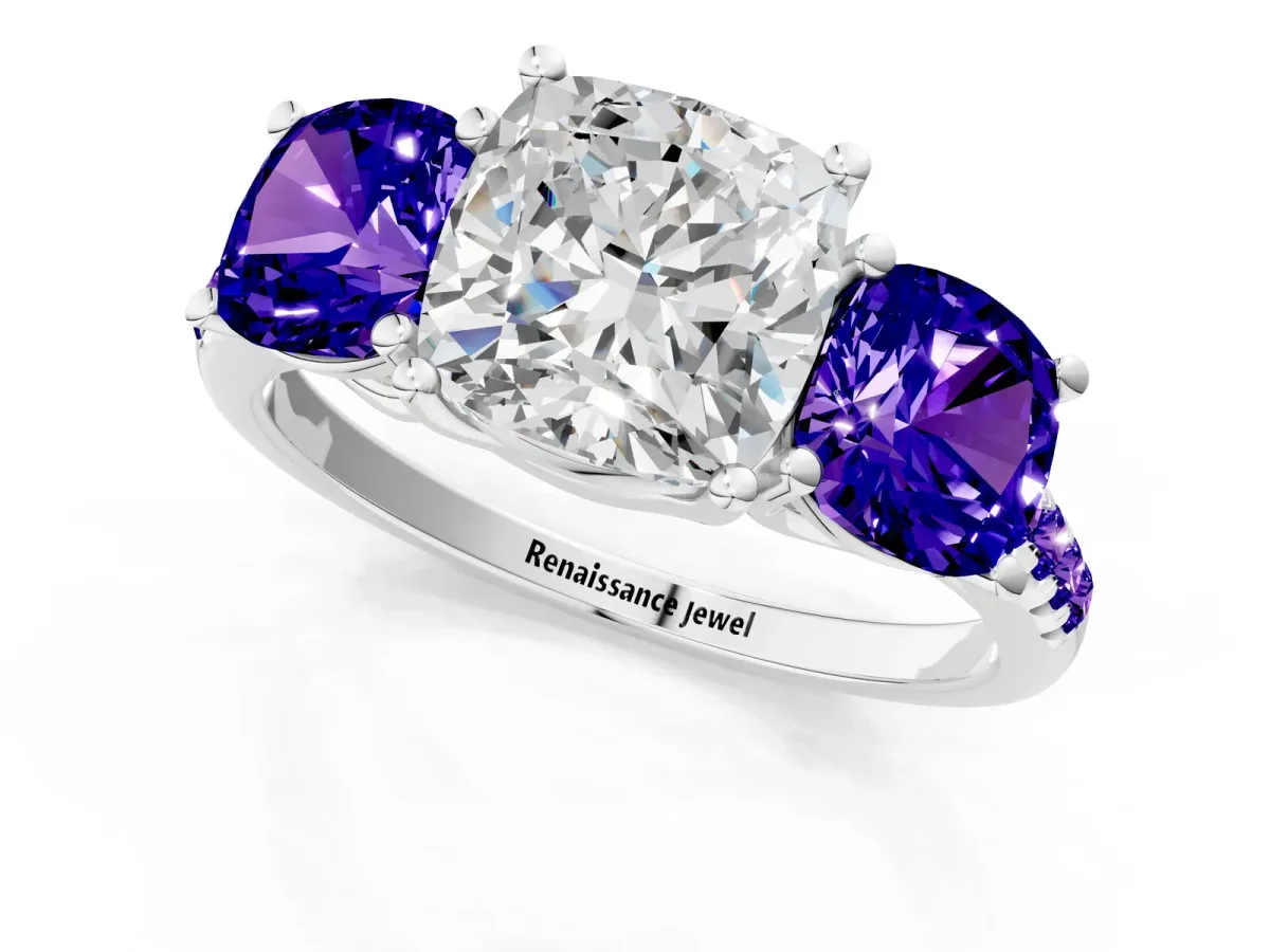 Three-Stone Cushion Cut Diamond Ring with Round Tanzanite Pavé Band and Prong Setting Silver