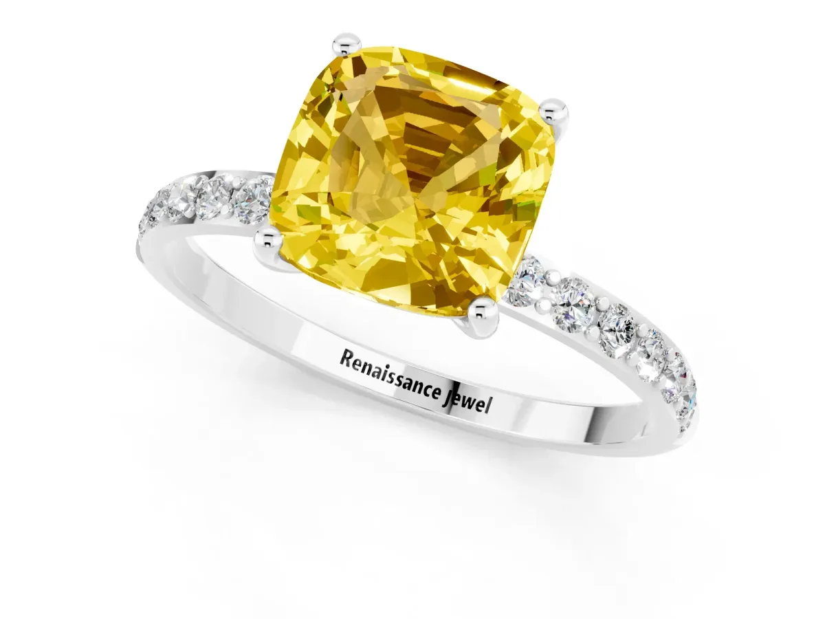 Cushion Cut Yellow Sapphire Solitaire Ring with Round Pavé Band and Prong Setting Silver
