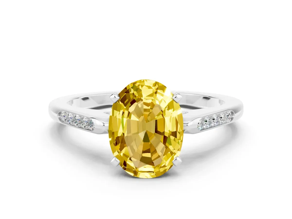 Oval Cut Yellow Sapphire Solitaire Ring with Channel Set Round Band and Prong Setting Silver