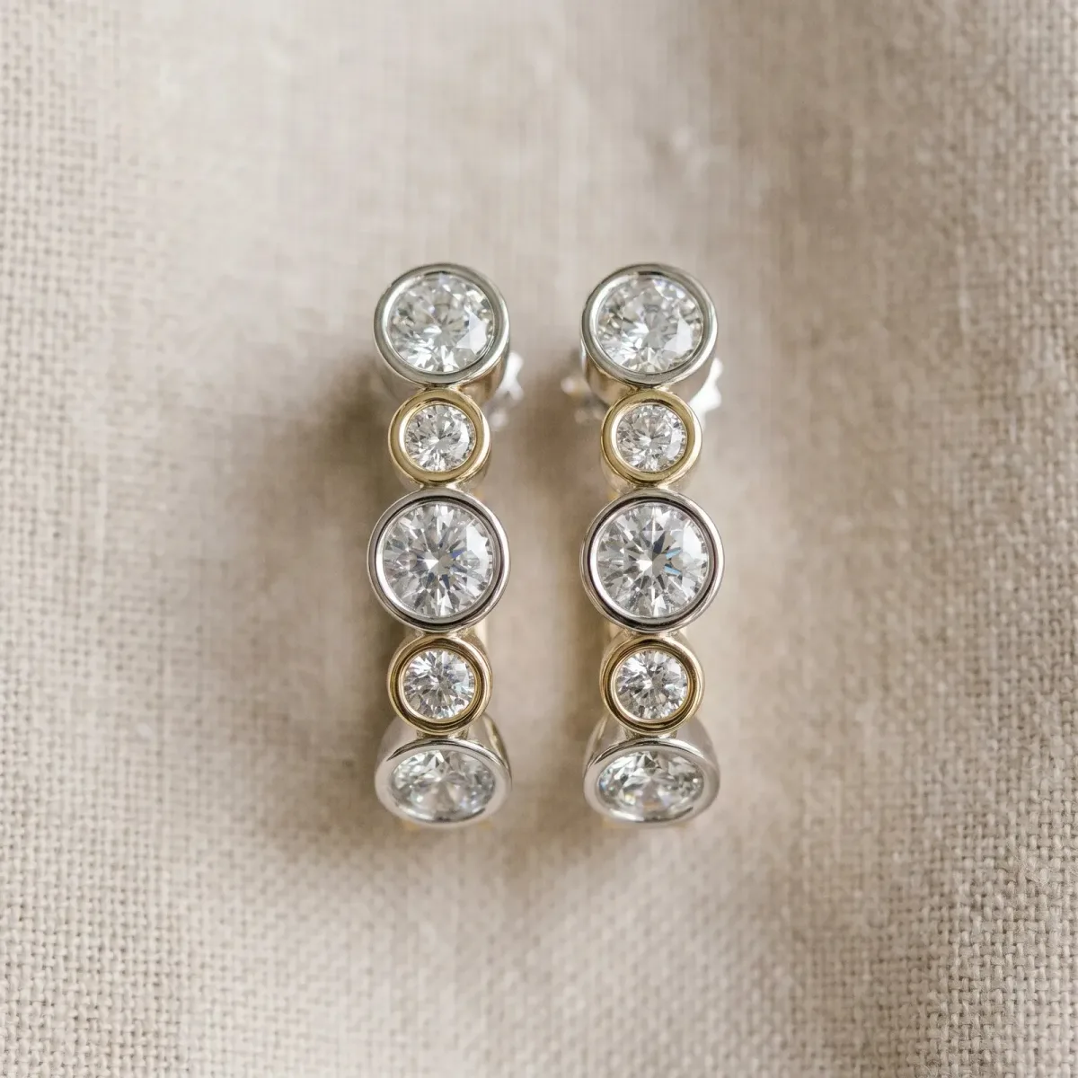 Channel-Set Round Diamond Two-Tone Hoop Earrings with Claw Prong Setting Silver