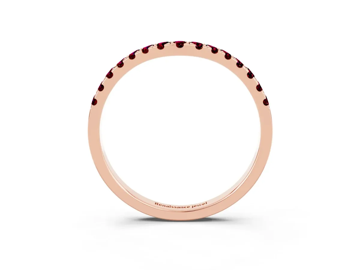 Curved Pavé Round Garnet Wedding Band with Shared Prong Setting Rose gold