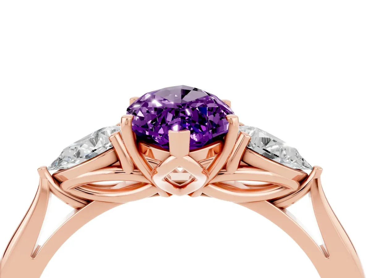 Marquise Cut Amethyst Three-Stone Ring with Pear Side Stones and Prong Setting Rose gold