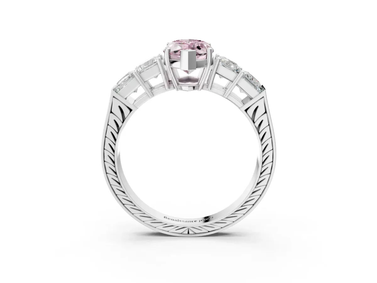Fancy Pink Marquise Cut Solitaire Princess Side Stone Engraved Band Prong Setting Ring Silver