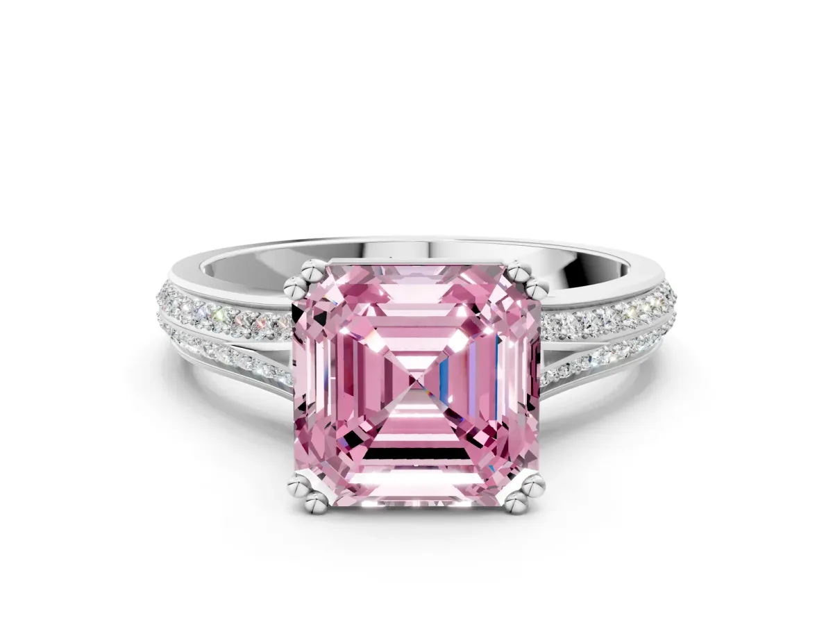 Fancy Pink Asscher Cut Diamond Split Shank Engagement Ring with Pavé Band Platinum