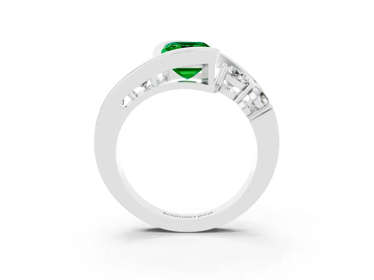 Bezel Set Emerald Cut Emerald Bypass Ring with Round Accents Platinum