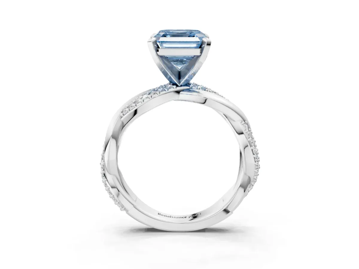 Fancy Blue Asscher Cut Solitaire Twist Band with Pave Prong Setting Platinum