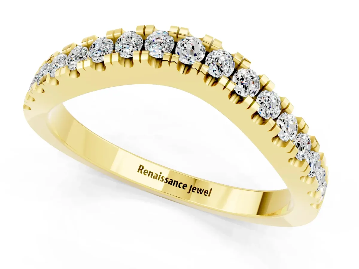 Round Moissanite Pavé Curved Band with Shared Prong Setting Yellow gold