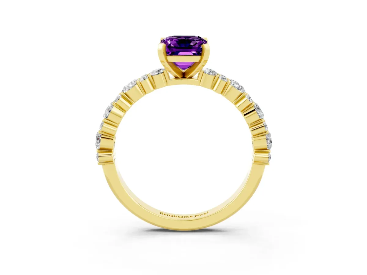 Emerald Cut Amethyst Side Stone Solitaire Ring with Round and Four-Prong Setting Yellow gold
