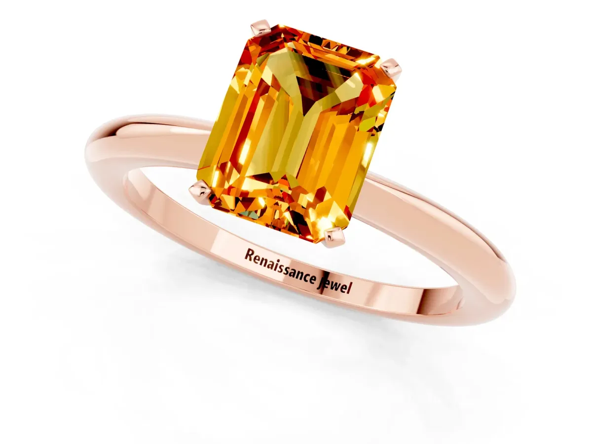 Emerald Cut Citrine Solitaire Ring with Six-Prong Setting and Classic Band Rose gold