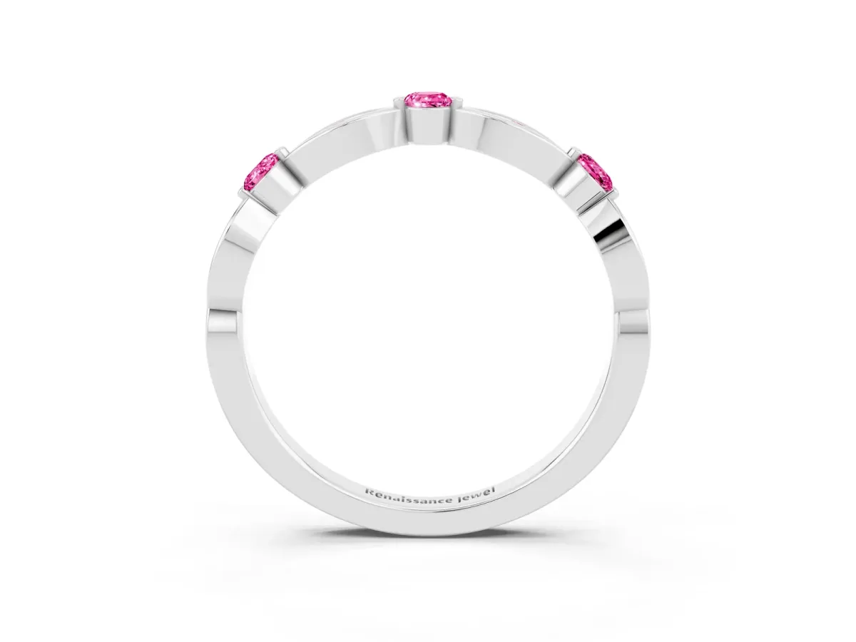 Marquise and Round Pink Sapphire Milgrain Band with Bezel Setting Silver
