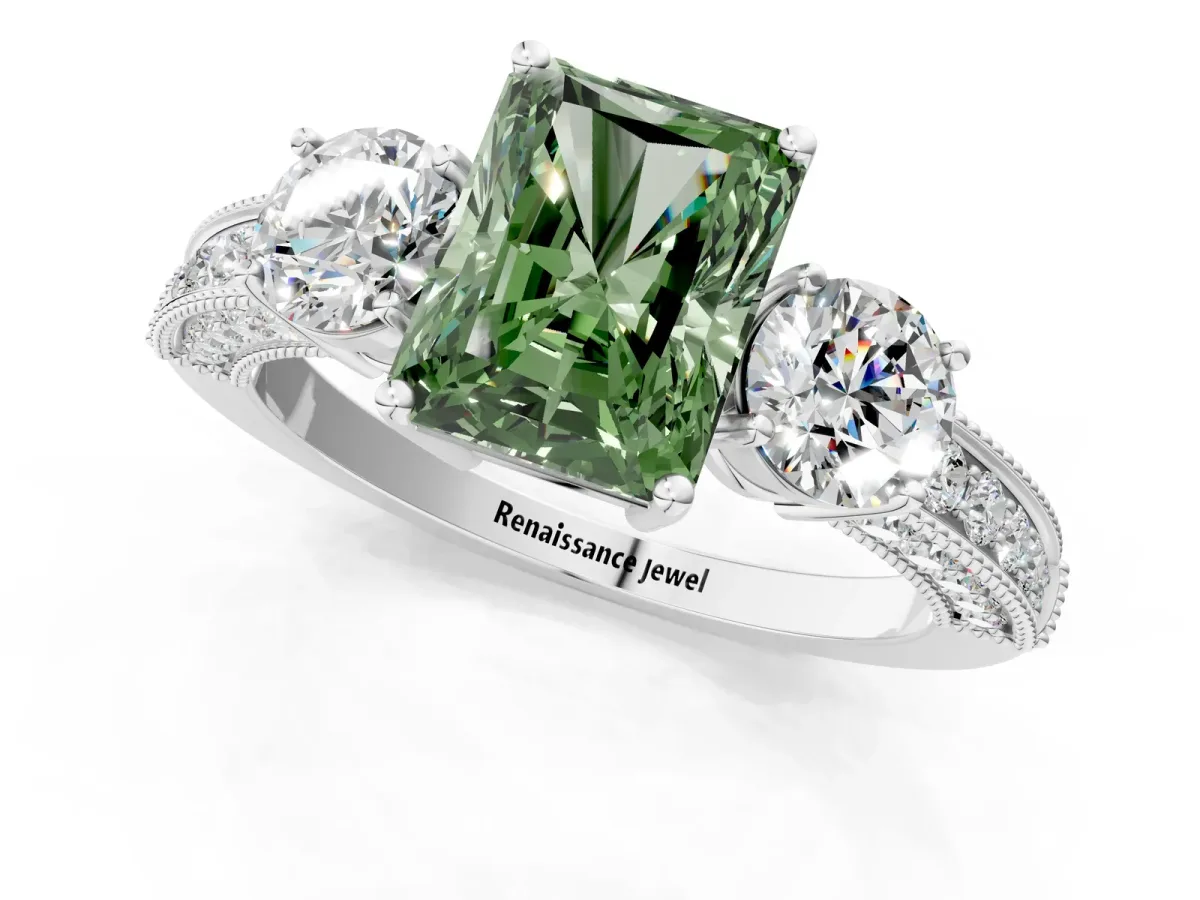 Fancy Green Radiant Cut Three-Stone Diamond Ring with Pavé Band and Four-Prong Setting Platinum