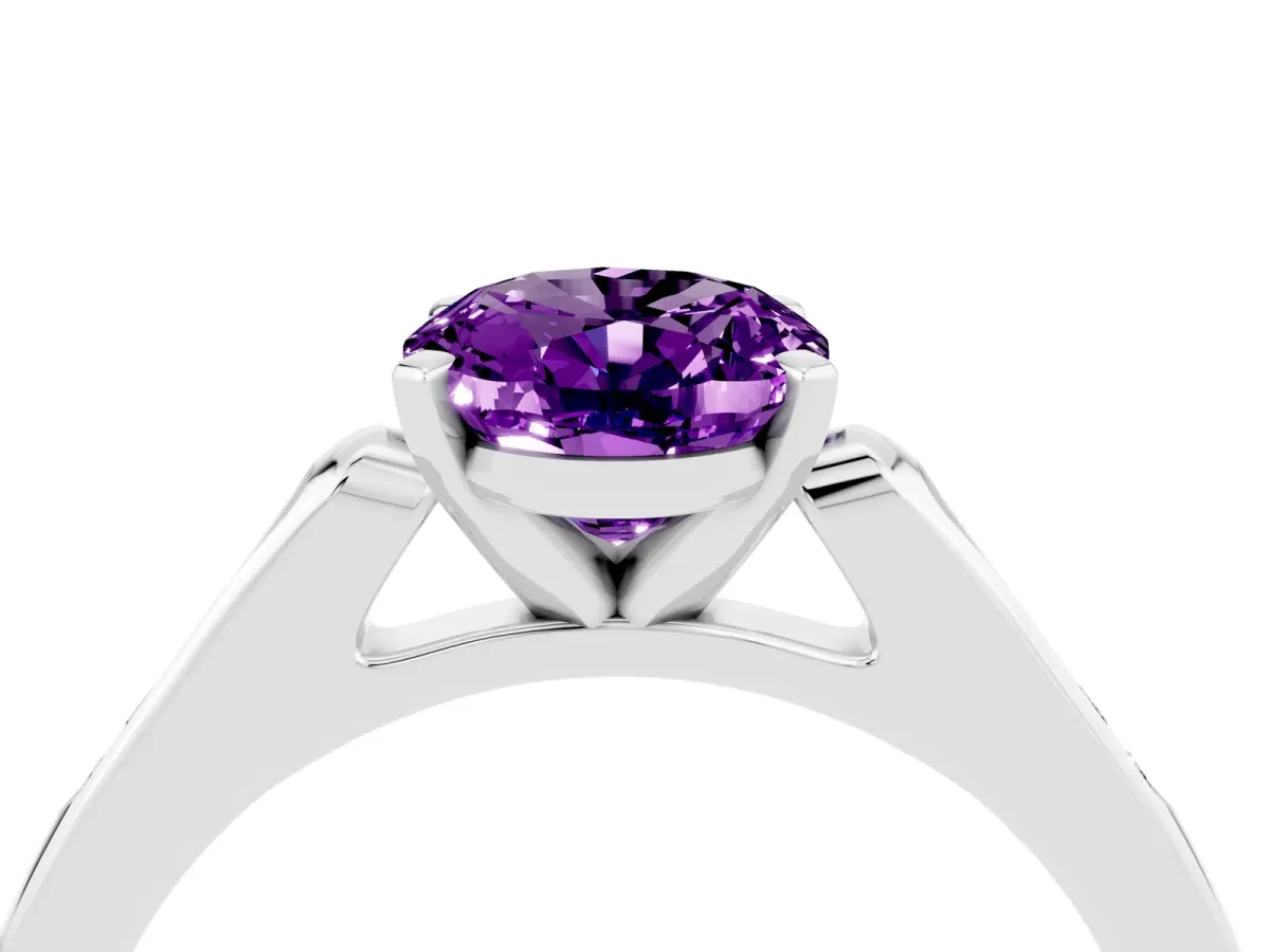 Oval Cut Amethyst Solitaire Ring with Channel Set Round Band and Prong Setting Silver