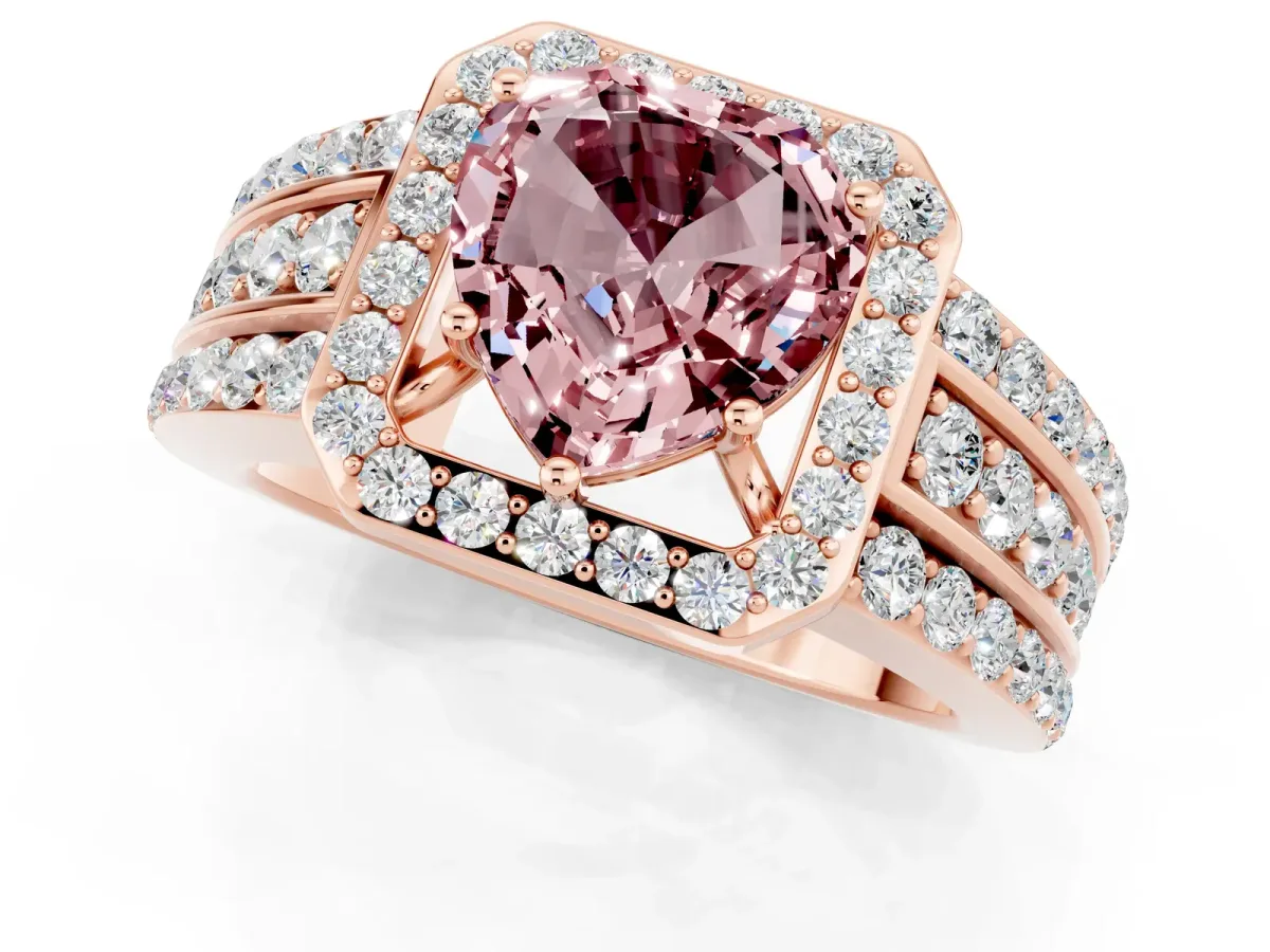 Heart Cut Halo Morganite Ring with Round Split Shank and Prong Setting Rose gold