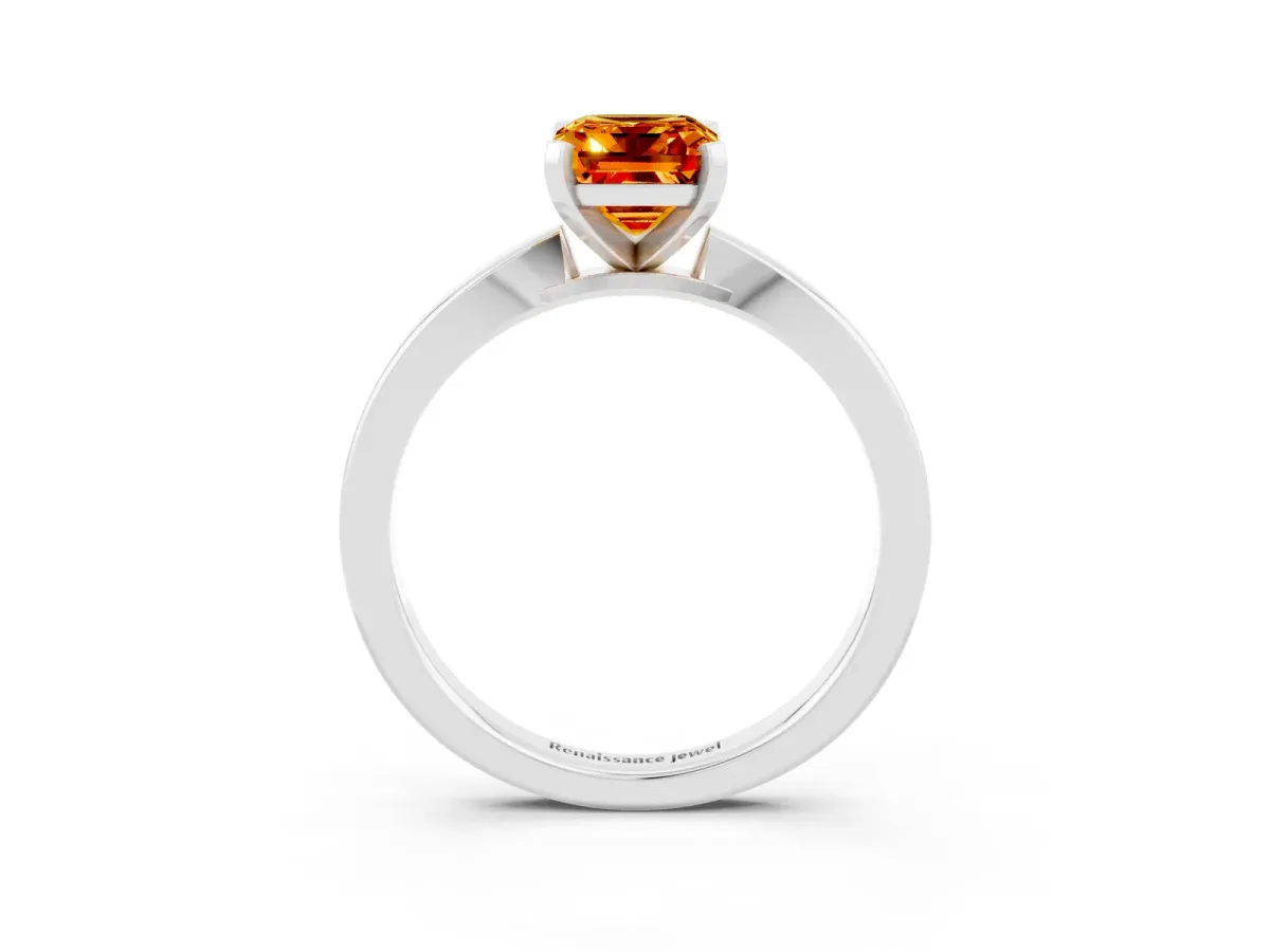 Emerald Cut Citrine Solitaire Engagement Ring with Classic Band and Four-Prong Setting Silver