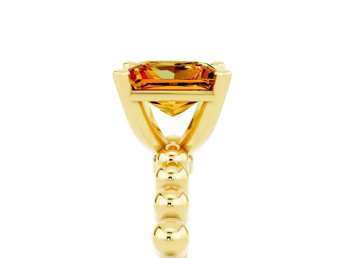 Princess Cut Citrine Solitaire Ring with Beaded Band and Prong Setting Yellow gold