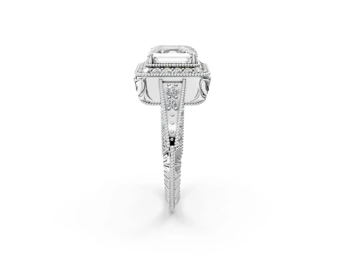 Asscher Cut Halo Diamond Split Shank Ring with Milgrain Detail Platinum