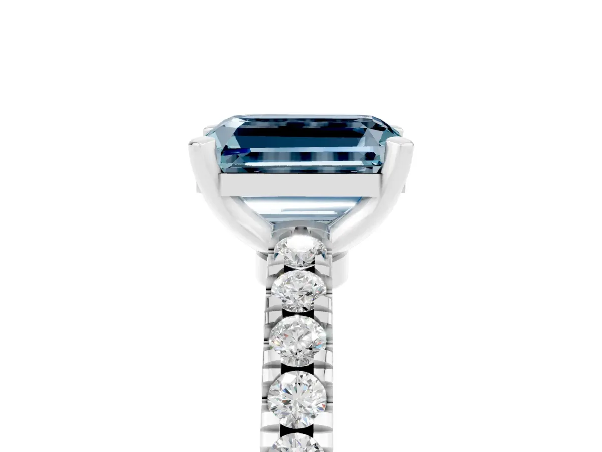 Emerald Cut Solitaire Aquamarine with Pavé Band and Four-Prong Setting Silver